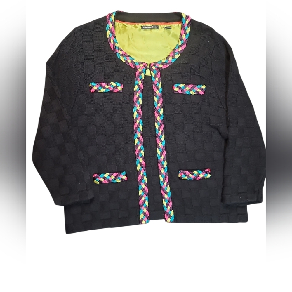 Michael Simon Vintage Black Sweater with Multicolor Trim Size XL